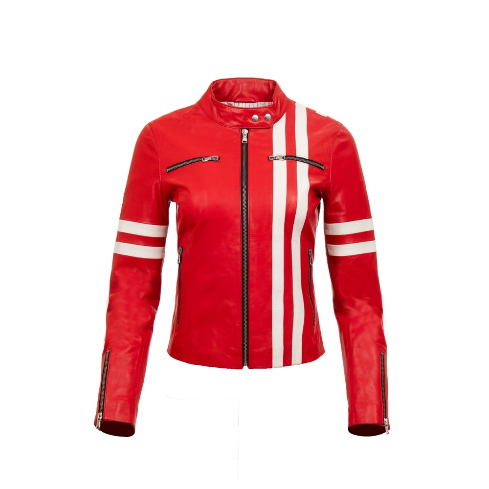 Women Red Racer Real Lamb Leather Jacket